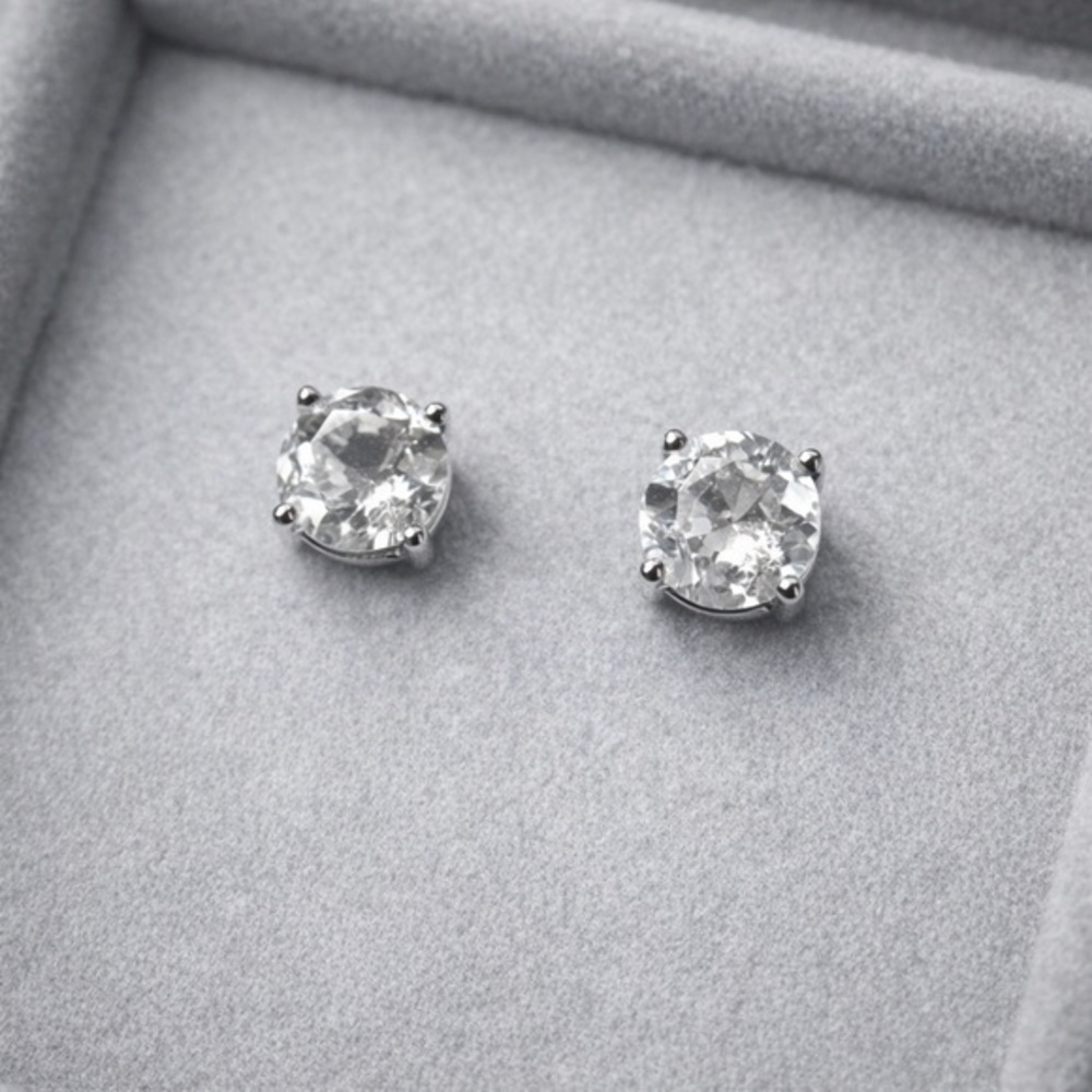 Natural Goshenite Sterling Silver Stud Earrings 925 Faceted Round | Minimal #562